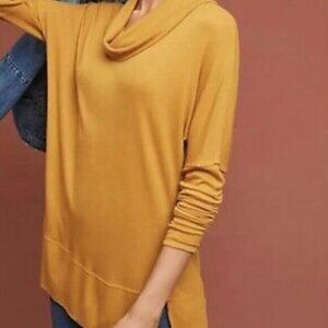 Bordeaux Mustard Yellow Ribbed Jersey Top Anthro S Cowl Neck‎ Tunic